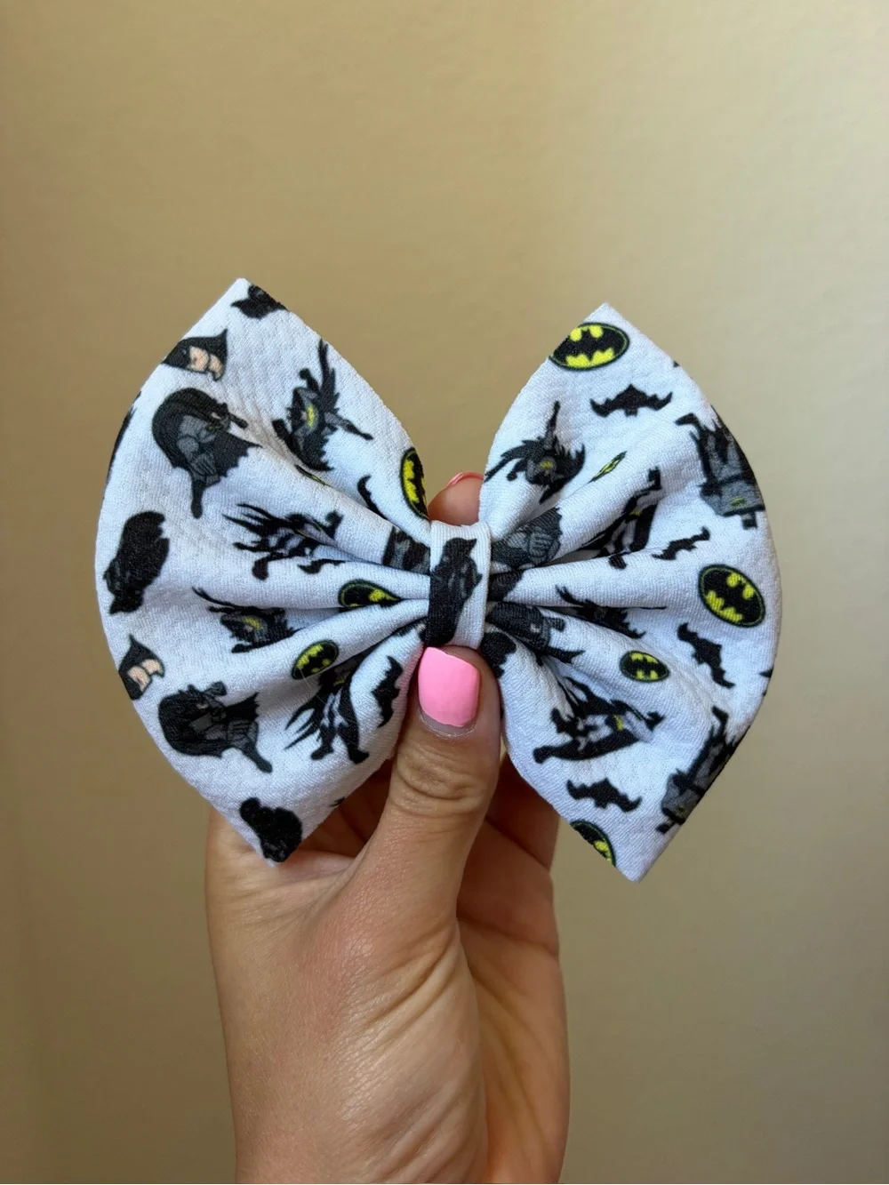 White Batman Print Fabric Bow Hair Clip 5 inch
